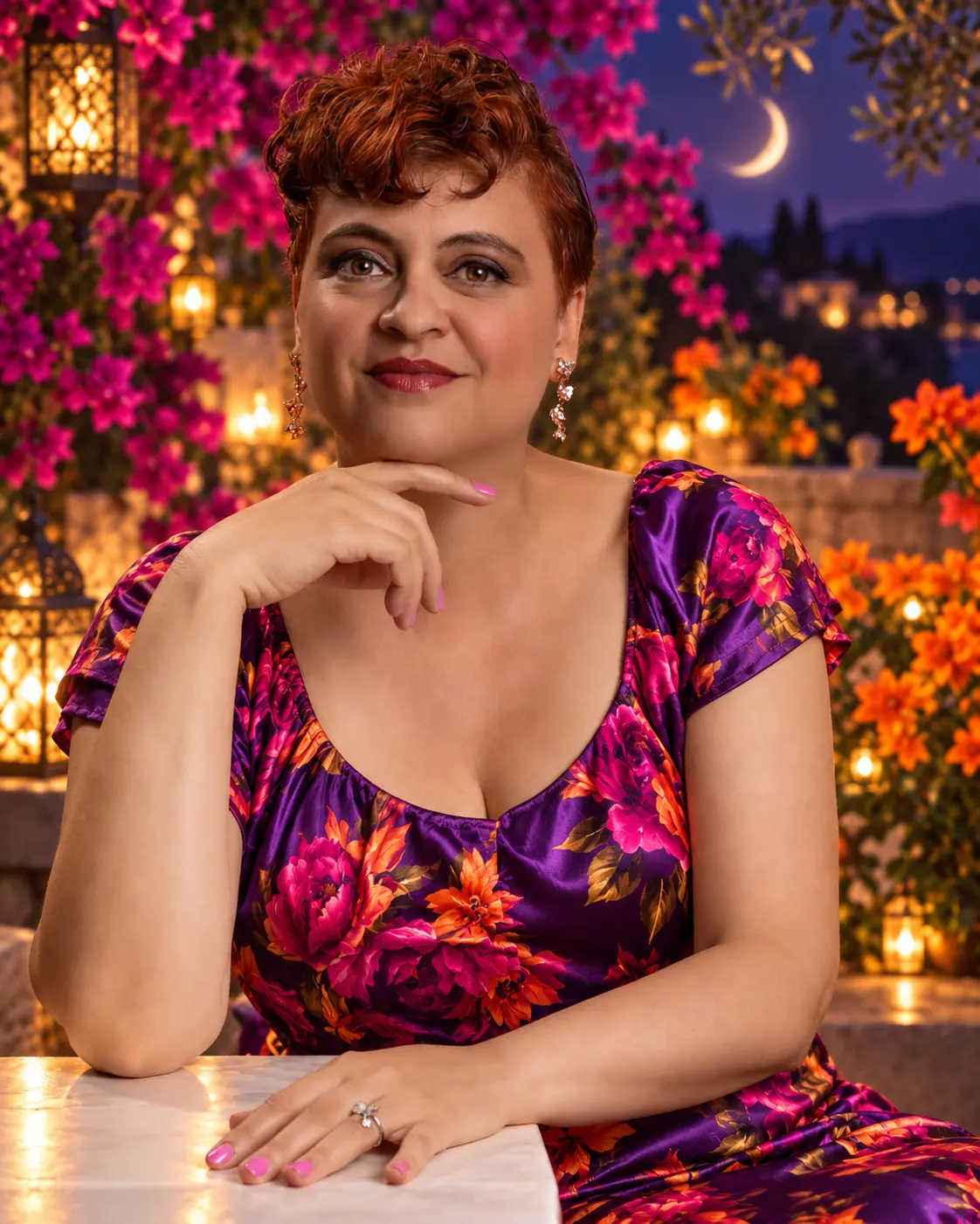 Intimate portrait of Nadia at a table in a purple floral dress, lanterns, flowers, and a crescent moon behind her
