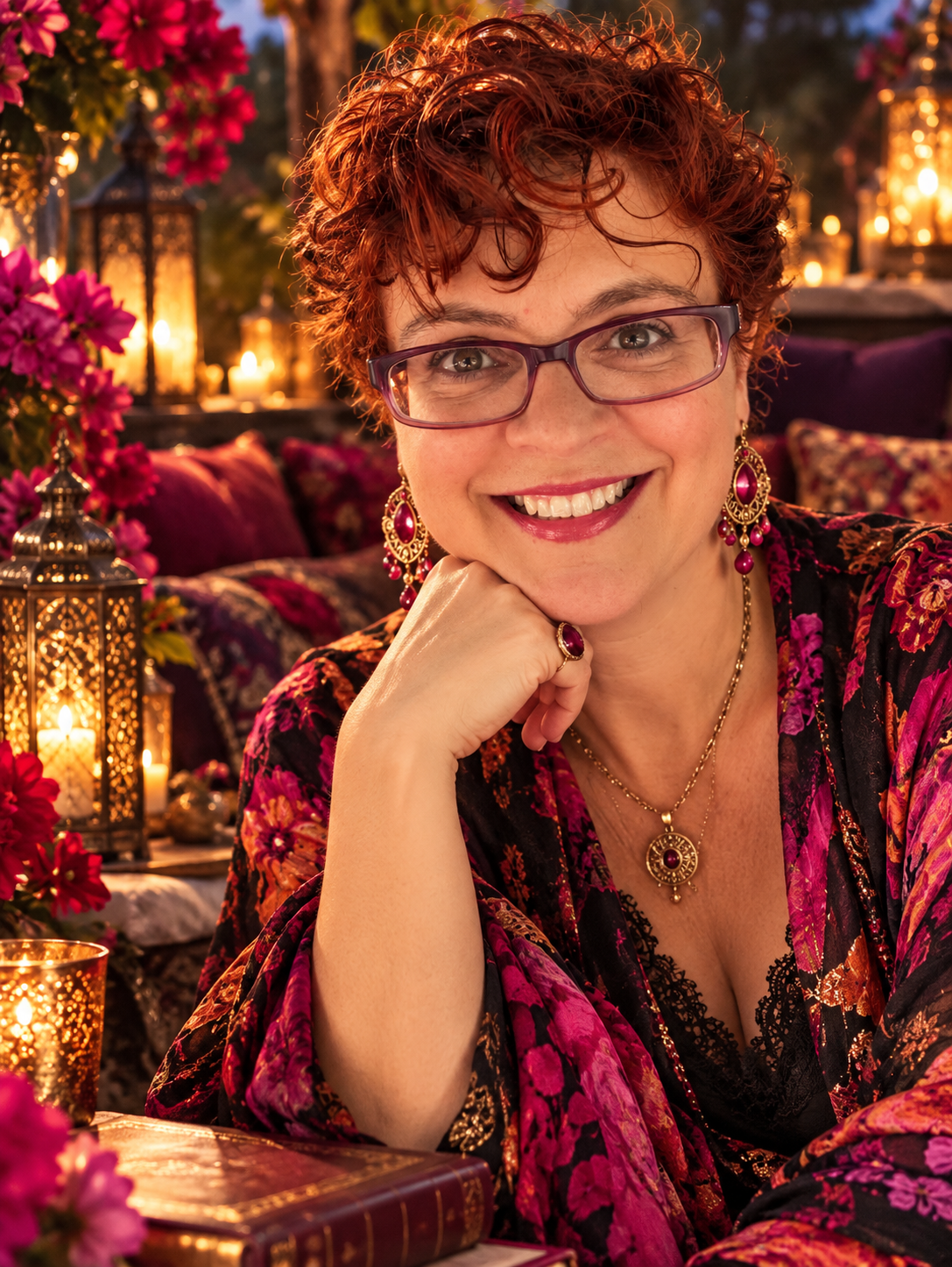 Nadia S. Krauss smiling in a richly patterned dark floral robe and jewel-toned jewelry, surrounded by lanterns and fuchsia flowers