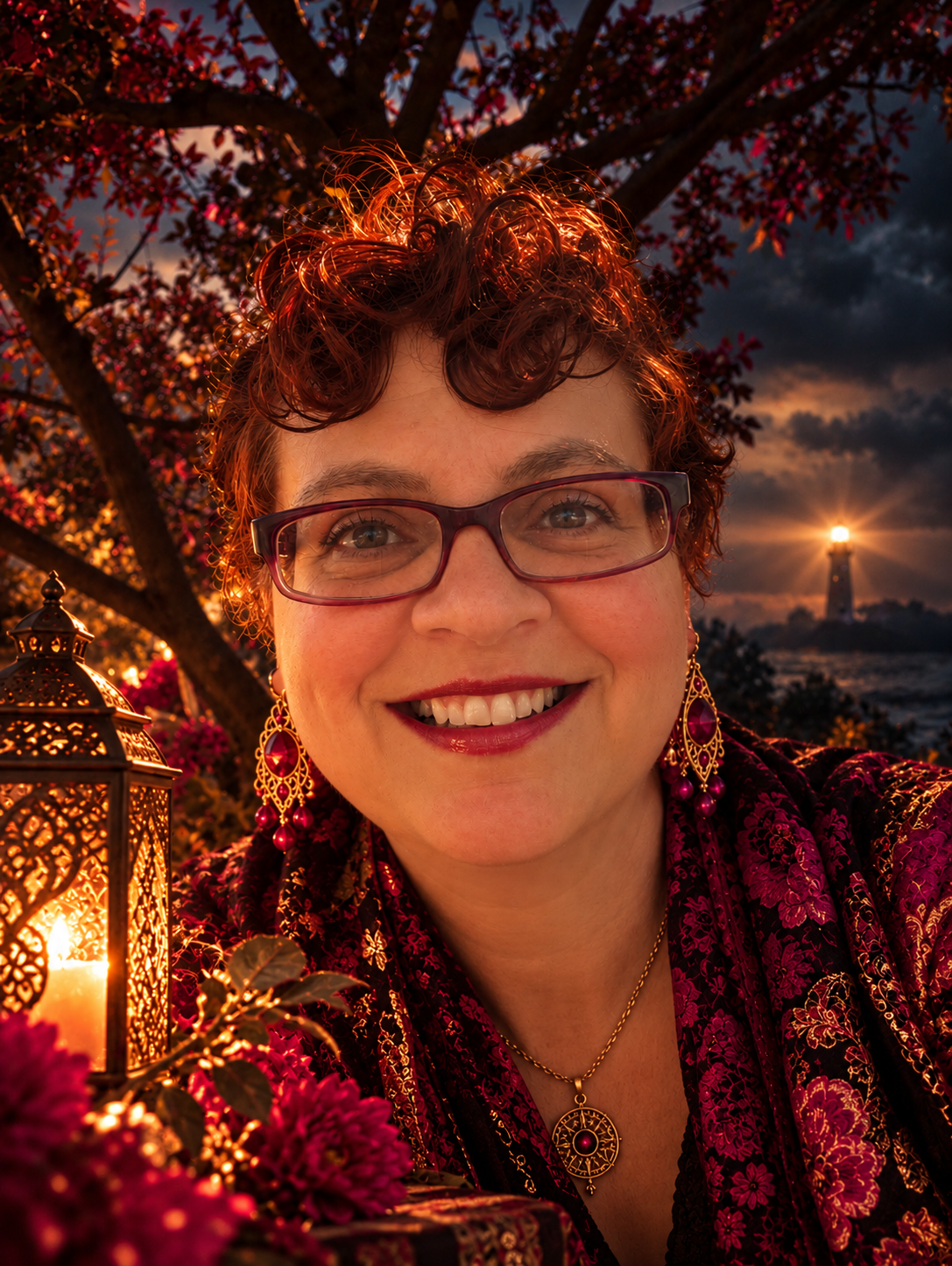 Nadia smiling beneath a flowering tree, lantern glowing beside her and a lighthouse shining across the dark water